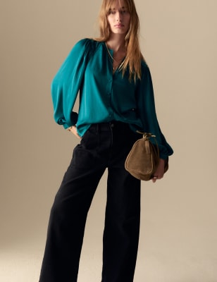 

Womens Per Una Satin Collarless Button Through Blouse - Teal Green, Teal Green