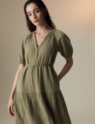 

Womens Per Una Pure Cotton Textured Notch Neck Tiered Dress - Light Khaki, Light Khaki