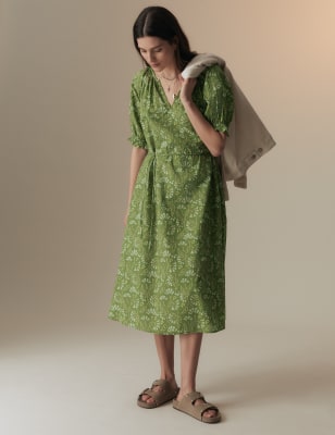 

Womens Per Una Pure Cotton Printed Midi Smock Relaxed Dress - Green Mix, Green Mix