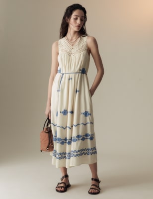 

Womens Per Una Midikleid aus reiner Baumwolle mit Stickerei und V-Ausschnitt - Ecru Mix, Ecru Mix