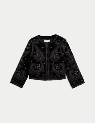 

Womens Per Una Velvet Embroidered Collarless Cropped Jacket - Black, Black