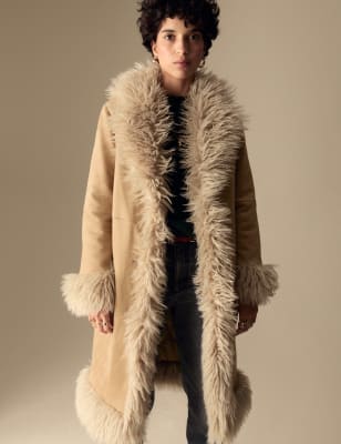 

Womens Per Una Suedette Faux Fur Trim Longline Coat - Natural Mix, Natural Mix