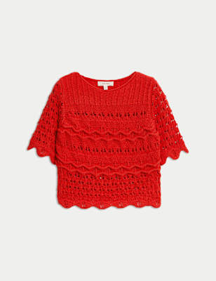 

Womens Per Una Cotton Blend Knitted Crochet Detail Top, Flame