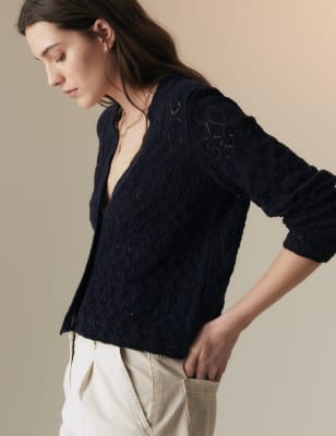 

Womens Per Una Cotton Rich Pointelle V-Neck Cardigan - Navy, Navy