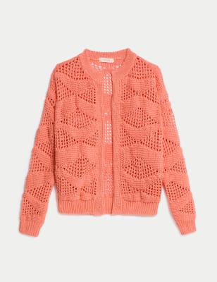 

Womens Per Una Cotton Rich Textured Edge to Edge Cardigan - Bright Coral, Bright Coral