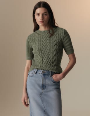 

Womens Per Una Pure Cotton Cable Knit Short Sleeve Top - Light Khaki, Light Khaki