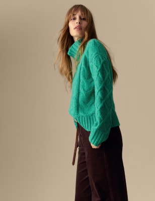 

Womens Per Una Cable Knit Roll Neck Jumper with Wool - Bright Jade, Bright Jade