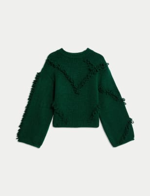 Per Una Women's Textured Crew Neck Fringe Jumper - Dark Green, Dark Green