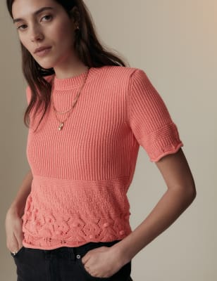 

Womens Per Una Cotton Blend Pointelle Knitted Top - Bright Coral, Bright Coral
