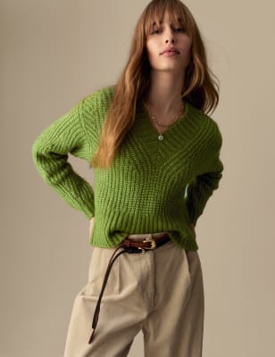 

Womens Per Una Ribbed V-Neck Puff Sleeve Jumper with Wool - Acid Green, Acid Green