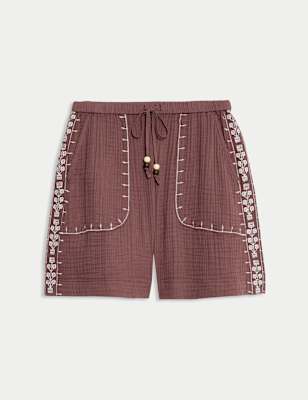 

Womens Per Una Pure Cotton Embroidered Triple Cloth Shorts, Brown