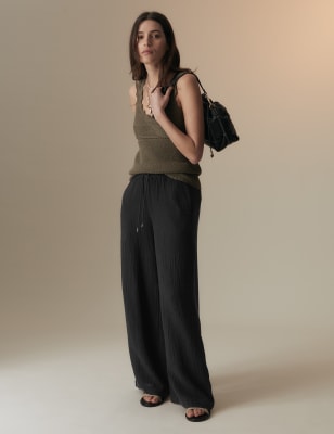 

Womens Per Una Pure Cotton Textured Wide Leg Trousers - Black, Black