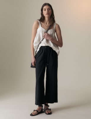 

Womens Per Una Linen Blend Wide Leg Cropped Trousers - Black, Black