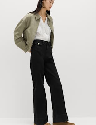 Womens M&S High Waisted Patch Pocket Flared Jeans, Black