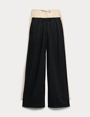 Womens M&S 2 Pack Wide Leg Trousers with Linen, Black