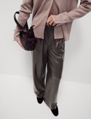 

Womens M&S Collection Leather Look Wide Leg Trousers - Bitter Chocolate, Bitter Chocolate