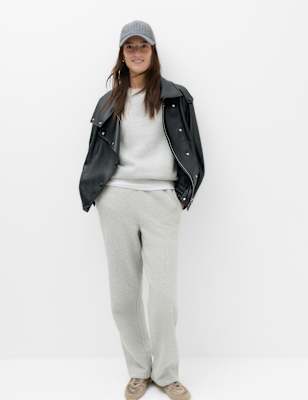 Womens M&S Pure Cotton Straight Leg Joggers, Mid Grey Marl