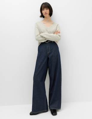 Womens M&S High Waisted Smart Wide Leg Jeans, Indigo Mix
