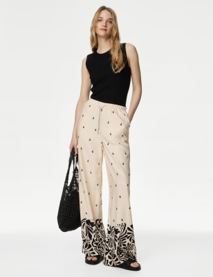 

Womens M&S Collection Printed Wide Leg Trousers - Ecru Mix, Ecru Mix