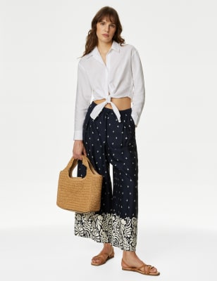

Womens M&S Collection Printed Wide Leg Cropped Trousers - Navy Mix, Navy Mix
