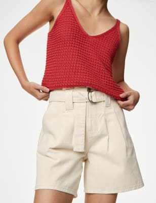 

Womens M&S Collection Denim Pleat Front Belted Shorts - Ecru, Ecru