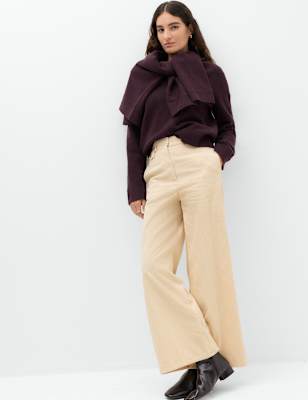 Womens M&S Pure Cotton Cord Wide Leg Trousers, Beige