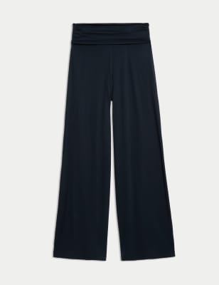 

Womens M&S Collection Jersey Pull On Fold Over Wide Leg Trousers, Navy