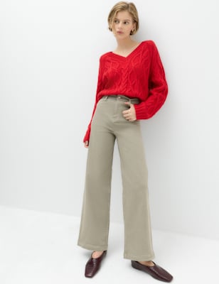 Womens M&S High Waisted Wide Leg Ankle Grazer Jeans, Taupe