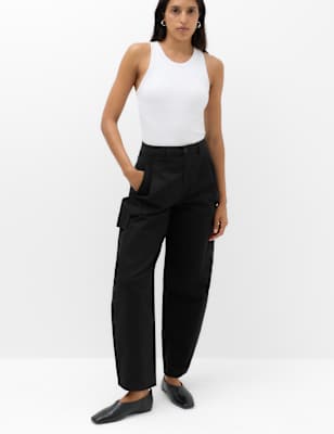 Womens M&S Pure Cotton Cargo Barrel Leg Trousers, Black