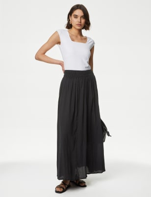 

Womens M&S Collection Midaxirock aus reiner Baumwolle mit Knittereffekt - Black, Black