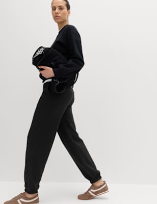 Womens M&S Cotton Rich Cuffed Joggers, Black