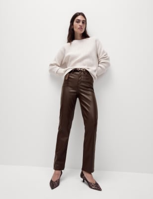 

Womens M&S Collection Faux Leather Straight Leg Trousers - Dark Chocolate, Dark Chocolate