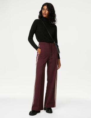 

Womens M&S Collection Ponte Sparkly Side Stripe Wide Leg Trousers - Burgundy, Burgundy