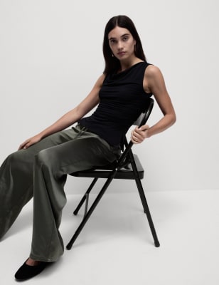 

Womens M&S Collection Satin Wide Leg Trousers, Dark Olive