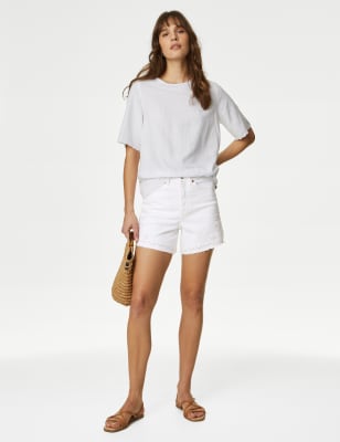 

Womens M&S Collection Hoch geschnittene Denim-Shorts im Mom-Stil - Soft White, Soft White