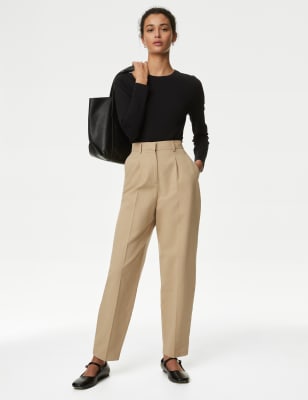 

Womens M&S Collection Chinohose aus Baumwollmischgewebe mit Plisseedetail - Stone, Stone