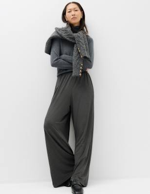Womens M&S High Waisted Wide Leg Palazzo Trousers, Dark Grey