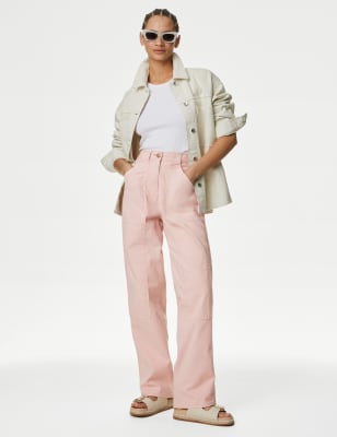 

Womens M&S Collection Cotton Rich Relaxed Straight Trousers - Pink Shell, Pink Shell