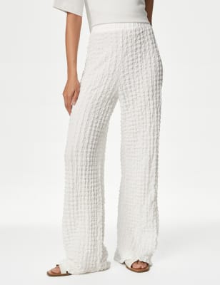 

Womens M&S Collection Jersey Textured Pull On Wide Leg Trousers - Soft White, Soft White
