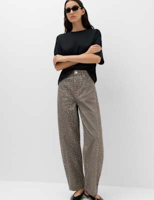 Womens M&S Mid Rise Animal Barrel Jeans, Dark Brown Mix