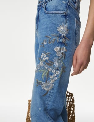 

Womens M&S Collection Boyfriend Embroidered Ankle Grazer Jeans - Medium Indigo, Medium Indigo