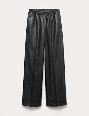 Womens M&S Faux Leather Wide Leg Trousers, Black