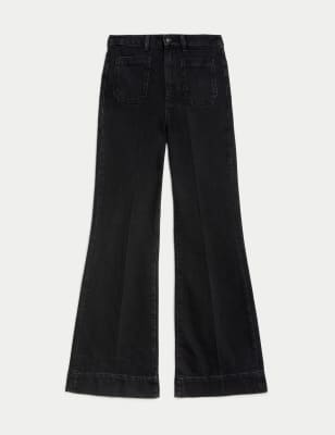 

Womens M&S Collection Patch Pocket Flare High Waisted Jeans - Black, Black