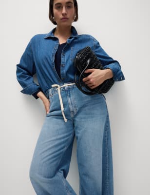

Womens M&S Collection Mid Rise Wide Leg Jeans with Lyocell, Medium Indigo