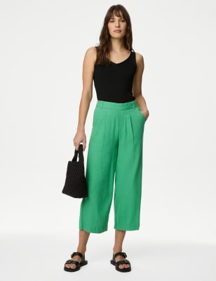 

Womens M&S Collection Linen Rich Wide Leg Cropped Trousers - Medium Green, Medium Green