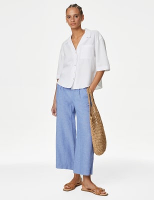 

Womens M&S Collection Linen Rich Wide Leg Cropped Trousers - Light Chambray, Light Chambray