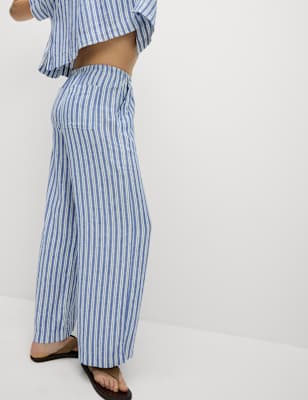 

Womens M&S Collection Linen Blend Wide Leg Trousers - Navy Stripe, Navy Stripe