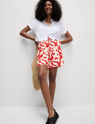 

Womens M&S Collection Linen Rich High Waisted Shorts, Red Mix