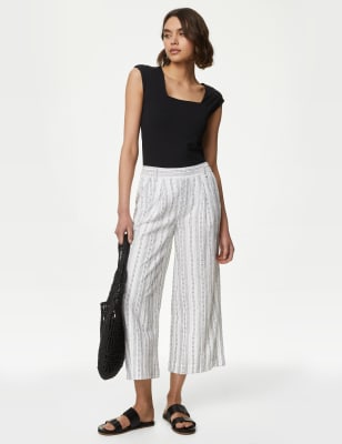 

Womens M&S Collection Linen Rich Striped Cropped Wide Leg Trousers - Ivory Mix, Ivory Mix