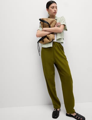 

Womens M&S Collection Linen-Rich Drawstring Tapered Trousers, Bright Sage